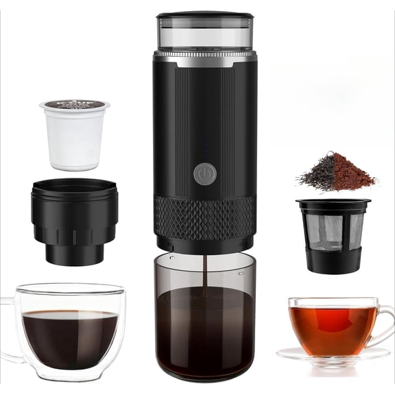 Portable Electric Coffee Maker, 15Bar Capsule & Ground Coffee Machine for Travel, RV, Camping, Office, Black