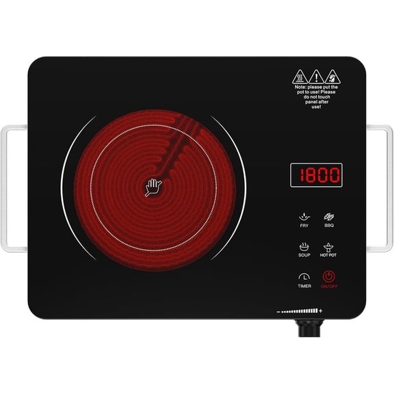 Portable Electric Cooktop 110V 1800W Infrared Hot Plate with Knob Control, Single Burner Countertop Stove with Handle and 4-Hour Timer, Compatible with All Cookware