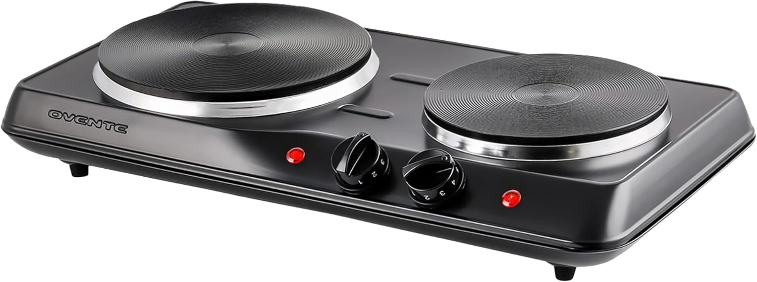 Black Double Burner Electric Cooktop with Cast Iron Plates