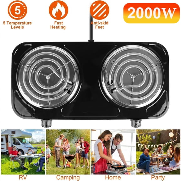 Portable Electric Double Burner 2000W Hot Plate with 5 Adjustable Temperature Levels & Dual Control, Countertop Coil Cooktop Cast Iron for Home, Camping, RV,Black