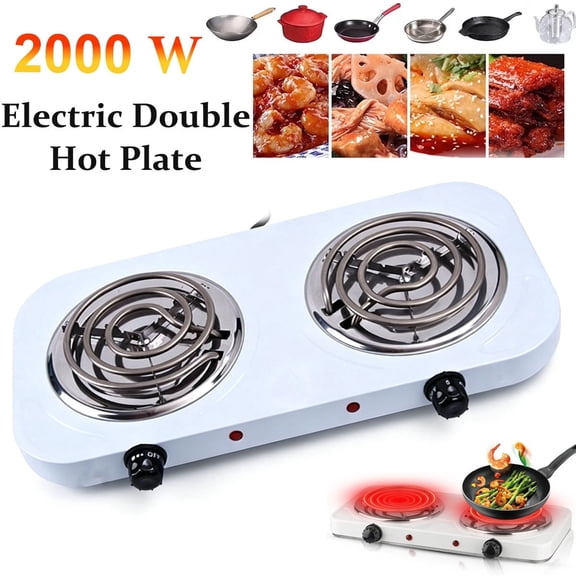 Portable Electric Double Burner 2000W Hot Plate with 5 Adjustable Temperature Levels & Dual Control, Countertop Coil Cooktop Cast Iron for Home, Camping, RV,White