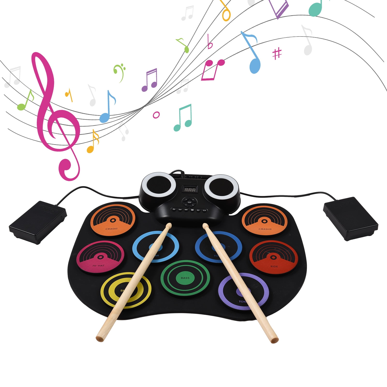 Portable Electric Drum Set - 9 Pads, Built-in Speaker, LED Display with Colored Lights - Includes 2 Drum Sticks, 2 Foot Pedals - USB or Battery Powered - Perfect Holiday or Birthday Gift - Enjoy the J