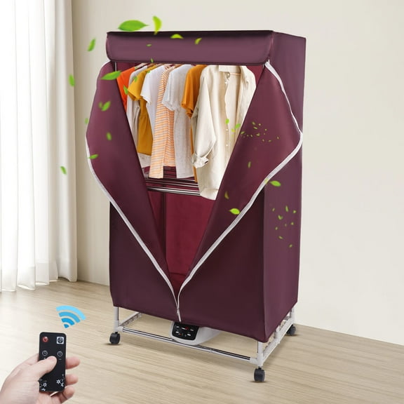 Portable Electric Dryer 1200-1500W Travel Mini Dryer with Remote 60-70℃ 3 Gears Adjustment Apartment House RV 2-Tier Foldable Waterproof Electric Dryer Rack Load 66.14lbs (Wine Red)