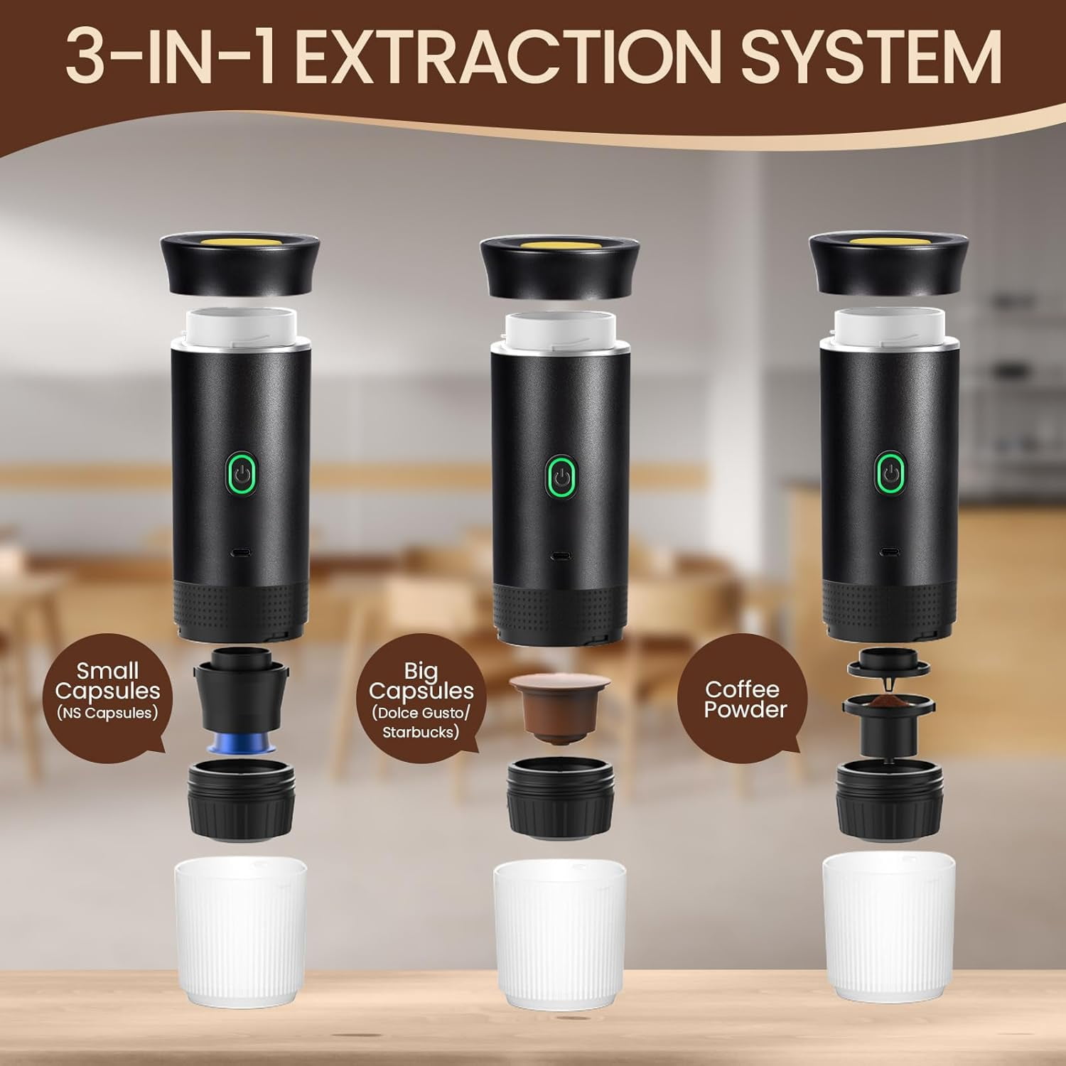 Portable Electric Espresso , 3-in-1 Coffee Maker for Travel, -Heating, Compatible with Ground Coffee & Capsules, Lightweight & Rechargeable