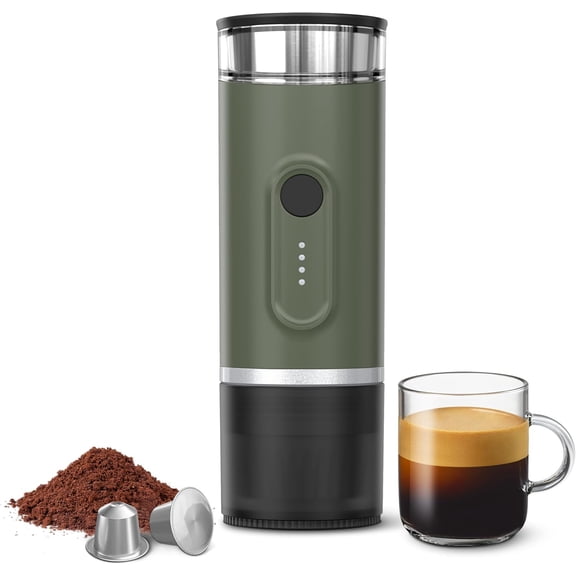 Portable Electric Espresso Machine Self Heating Travel Coffee Maker with USB-C Compatible with Ground Coffee & NS Capsules Ideal for Camping Car RV Hiking & Office Army Green