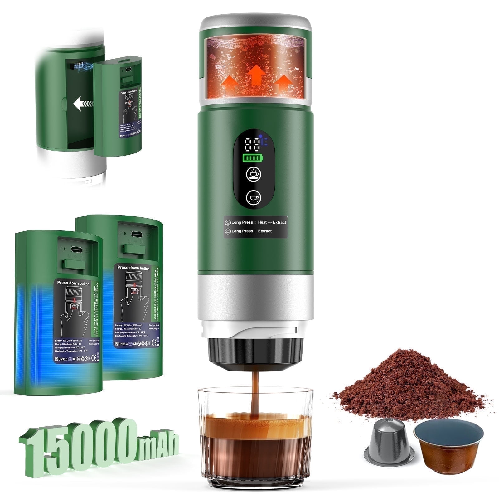 Walmart daily deals:  Fimilo Espresso Machine with 2 x 7500mAh Battery, Portable Espresso Maker, 80ml Hot/Cold Coffee, 20bar, Self-Heating Coffee Makers for Car, Camping, Home & Office