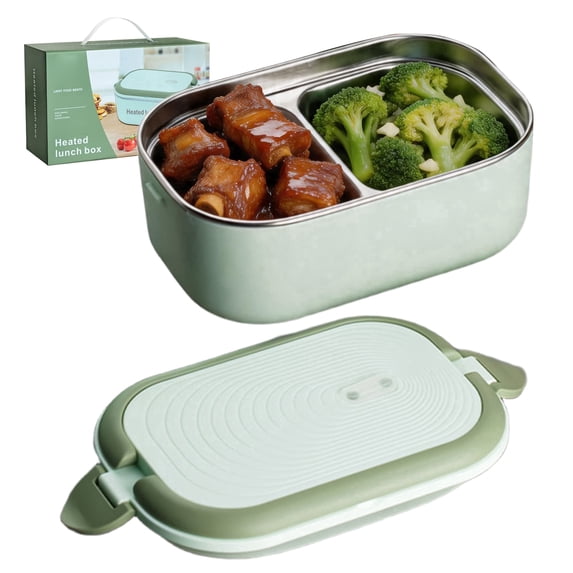 NATPLUS Electric Heated Lunch Box, 304 Stainless Steel No-Water Food Warmer with Carry Handle, Portable Self-Heating Meal Container for Office and School, Heated Lunch Box