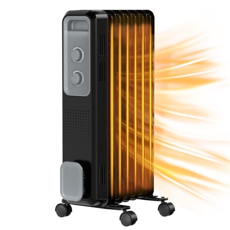 Portable Electric Heater,Oil Filled Radiator Heater,3-Level Adjust,Tip-over & Overheat Protection,with Wheels & Handle,1200W