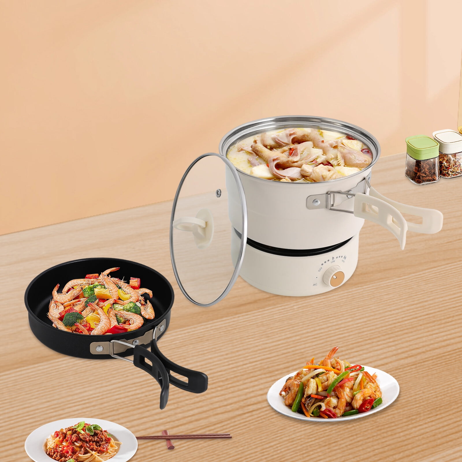 Portable Electric Hot Pot with 8-Level Temperature Control, Multi-Function Frying & Soup Pot for Steaming, Boiling, Frying, & Stir-Frying, Compact Design for 1-2 People