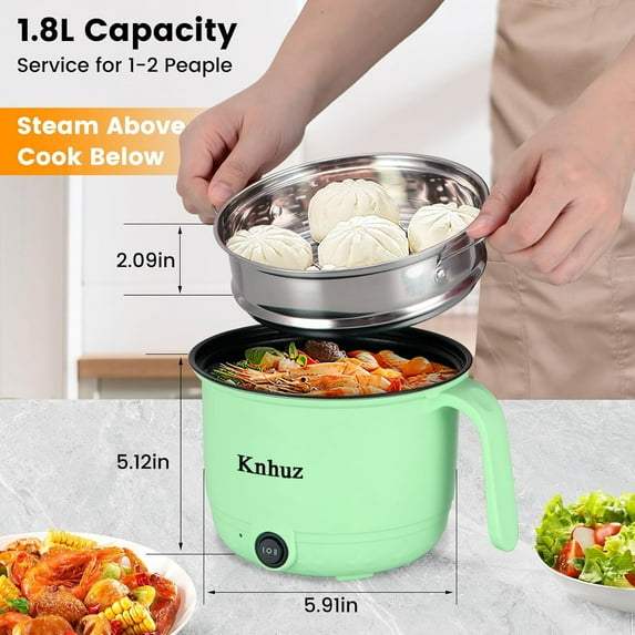 Portable Electric Hot Pot with Steamer, 1.8L Ramen Cooker for Noodles Oatmeal Pasta, Non-Stick Green