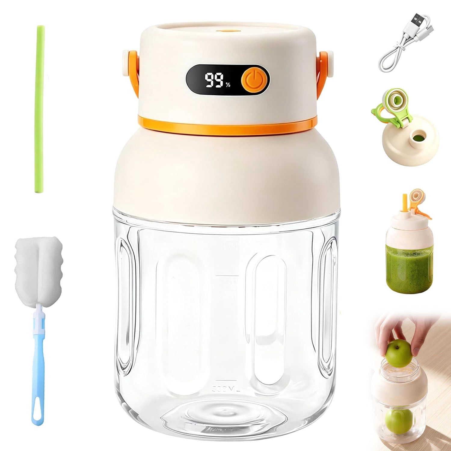 Portable Electric Juicer Cup with Zero Cord Hassle, 33oz BPA-Free Portable Wireless Juicer Cup with Straw and Two Lids, Multifunctional fresh Juice Blender for Smoothies, Shakes, Fruit (Orange)