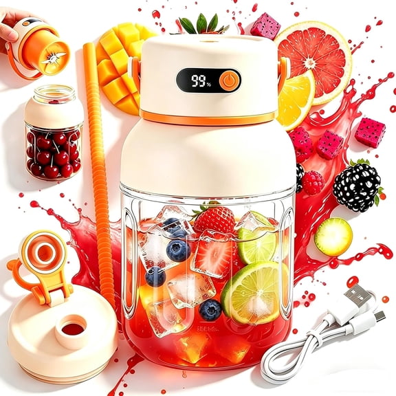 Portable Electric Juicer Cup with Zero Cord Hassle,Digital Display Portable Juicer Blender with 36 Stainless Steel Blades,2 In 1 Dual Lid Small Household Juicer Cup for Shakes Juice Home Travel