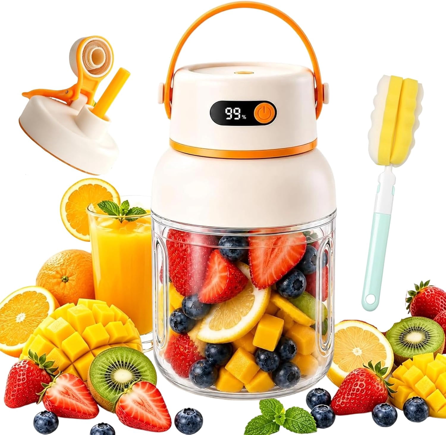 Portable Electric Juicer Cup with Zero Cord Hassle, Digital Display Portable Juicer Blender with 36 Stainless Steel Blades, USB-C Rechargeable Fruit Blender Cup for Travel, Gym, Office(1000ML)