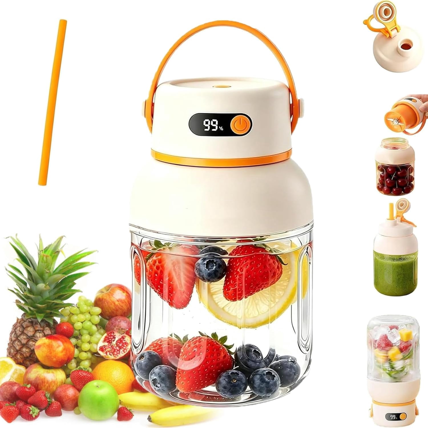 Portable Electric Juicer Cup with Zero Cord Hassle, Large Capacity, Digital Display Portable Juicer Blender, Straw and Two Lids, Usb-C for Travel, Gym, Home & Office (1000ML)