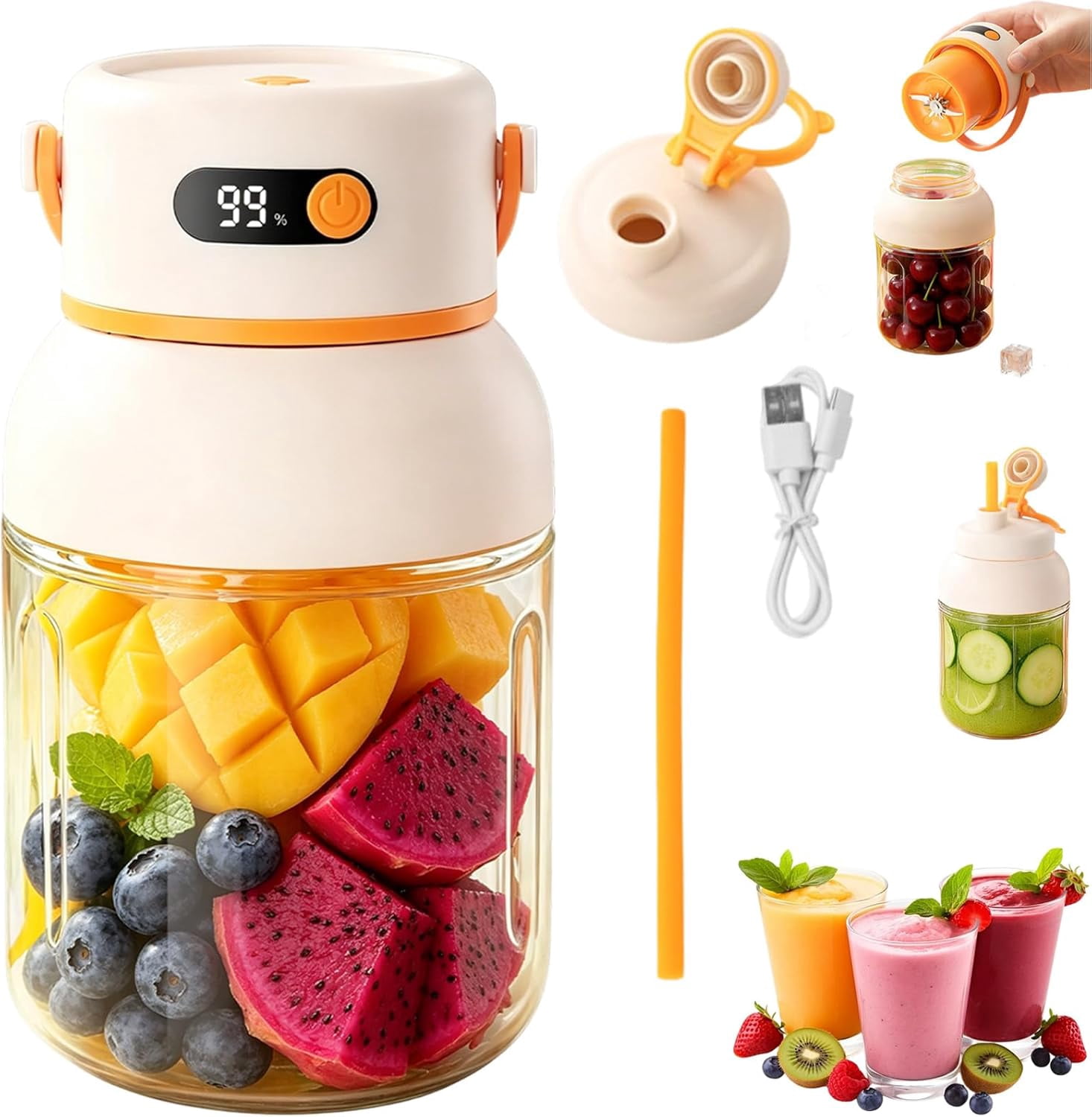 Portable Electric Juicer Cup with Zero Cord Hassle, USB-C Rechargeable Personal Blender, High Speed Smoothie Maker, Automatic Cleaning with Straw and Two Lids (1pc)