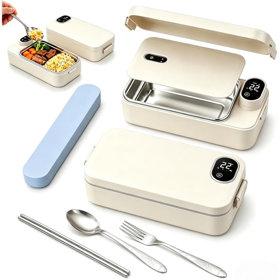 Portable Electric Lunch Box with Self-Heating, Cordless Rechargeable Lunch Box Warmer for Adults, 900ML Stainless Steel Heated Food Container for Work Office Car Travel & Picnic (Timer,Beige)