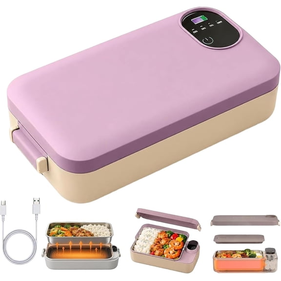 Portable Electric Lunch Box with Self-Heating, Cordless Rechargeable Meal Heater, Waterless Operation, Adjustable Temp Display, Anti-Scald, Odor-Resistant & Leak-Proof Seal, Versatile Use