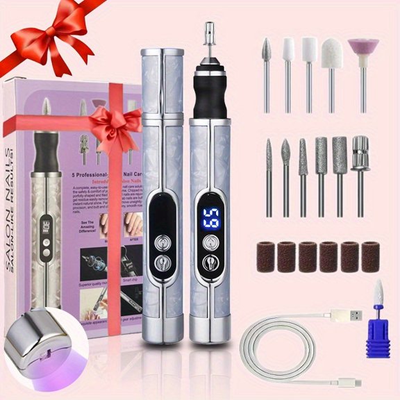 Portable Electric Nail Grinder, USB Nail File with LCD Screen, Manicure & Pedicure Polishing Tool, for Exfoliating, Buffing & Nail Prep, Multifunctional Professional Nail Drill Kit