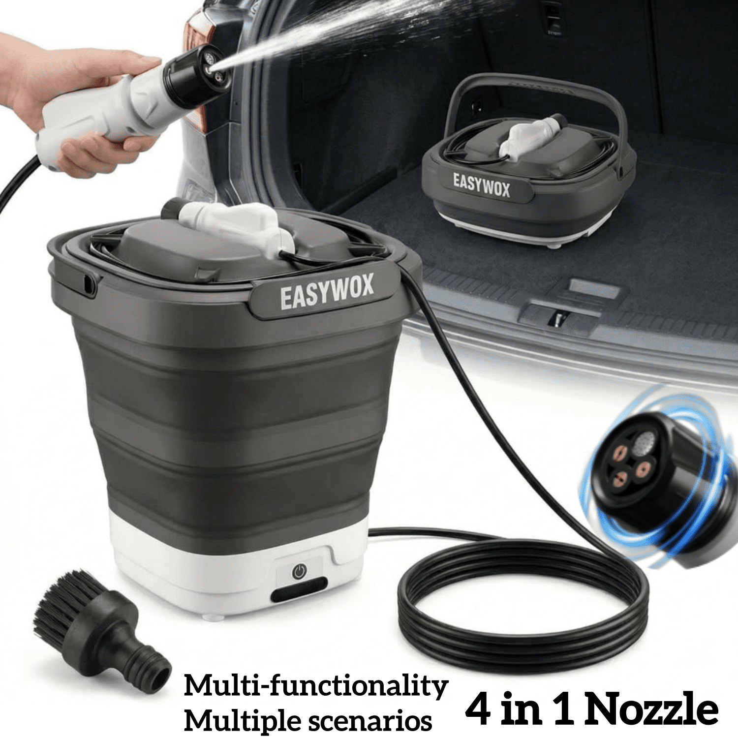 EasyWox Cordless Electric Pressure Washer, Foldable Portable, 3.2 gal Tank, 290 PSI, 4-in-1 Nozzle, Type-C Charging for Camping Car Bike Pet Garden
