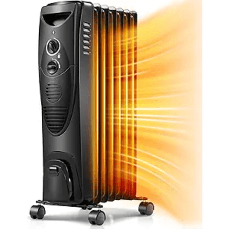 Portable Electric Radiator Heater, Oil Filled with 3 Heat Settings, Adjustable Thermostat, Overheat & Tip-Over Protection For Indoor Use, 1500W (Black)