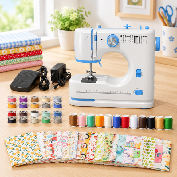 Portable Electric Sewing Machine for Beginners with 12 Patterns, Blue & White, Compact Home Use