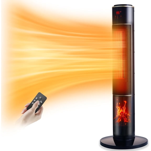 Portable Electric Space Heater for Large Room 37" Ceramic Tower Heater with 3D Flame for Room Heating,Oscillating,Remote Control,Tipover &overheating protection for Indoor Use(Black-I)