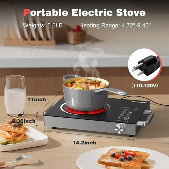 Portable Electric Stove 110V, 1800W Electric Hot Plate with Handle, Knob Control Single Burner Electric Cooktop, Ceramic Infrared Countertop Burner, Timer, Safety Lock