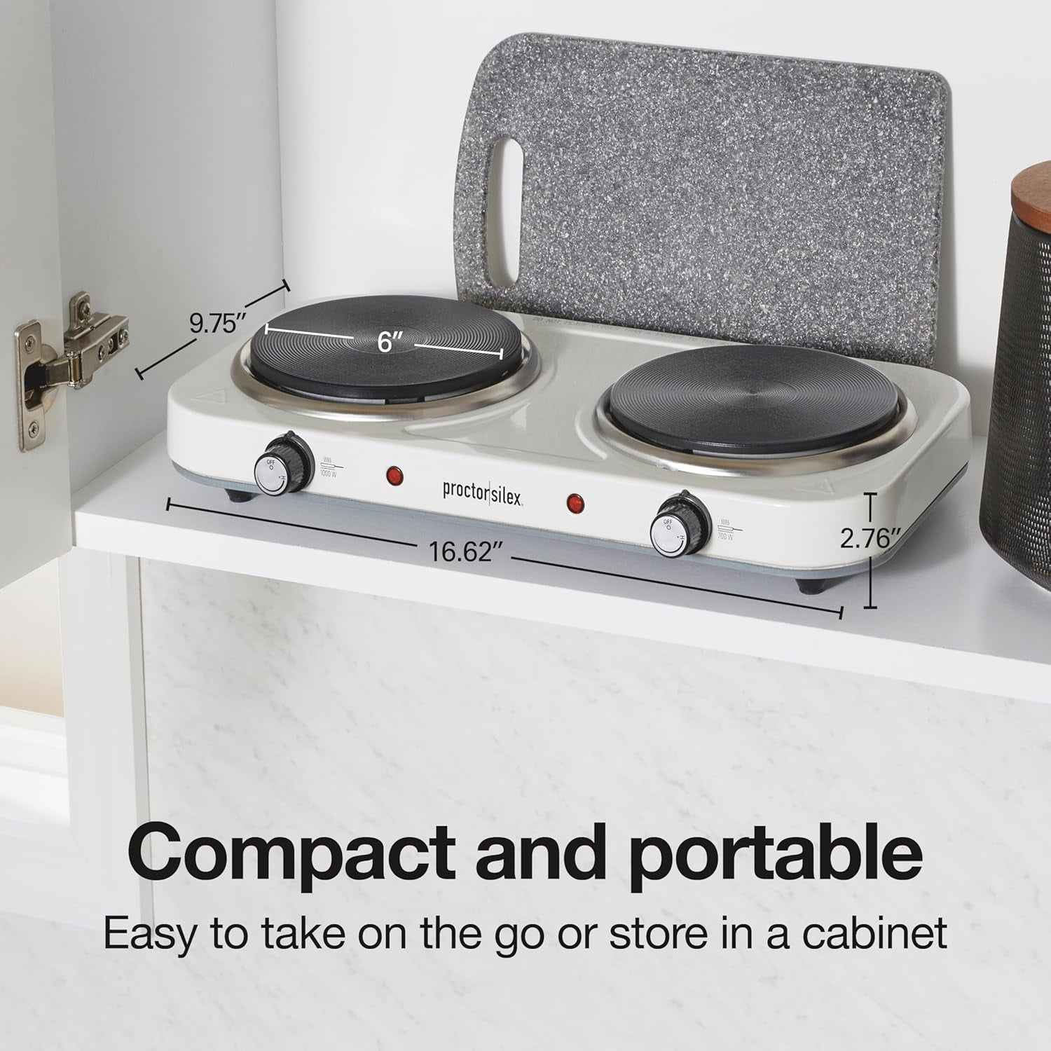 Portable Electric Stove, Cast Iron Double Burner Cooktop, Compact, Adjustable Temperature Hot Plate, 1700 , White (34117)