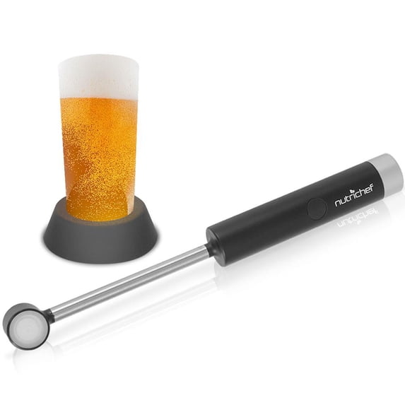 Portable Electric Ultrasonic Drink Frother - Battery Operated Handheld Beer Foam Maker Machine w/ Stainless Steel Wand, 4.93 oz Glass - For Coffee, Milk, Cappuccino Latte - NutriChef PKBRFM32 (Black)