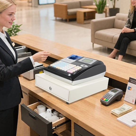 Portable Electronic Cash Register ,48 Key Tabletop Register with LED Displays & Bill Detection Light for Small Businesses, Retail, Cafes