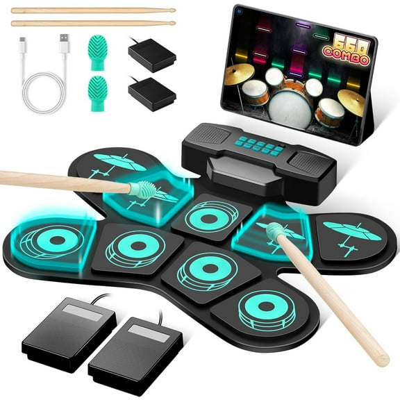 Portable Electronic Drum Set, 9-Pad Tabletop Drum Kit with Headphone Silent Mode & Drum Sticks/Pedals, MIDI Connectivity, Ideal Music Starter Gift for Boys & Girls Ages 3-8