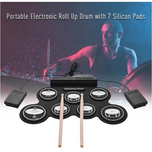Portable Electronic Drum Set, Foldable USB Drum Kit with Silicone Roll Up Practice Pad, True Hi-Hat Pedal Control, Bass Drum Simulation for Hand Foot Coordination, for Home Travel and Practice