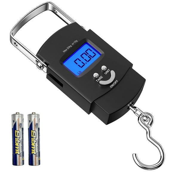 Portable Electronic Scale, Electronic Crane Scale with Hook with Backlit LCD Display, MAX 50 kg / 110 lb Tare Function, For Travel, Fishing and Outdoo