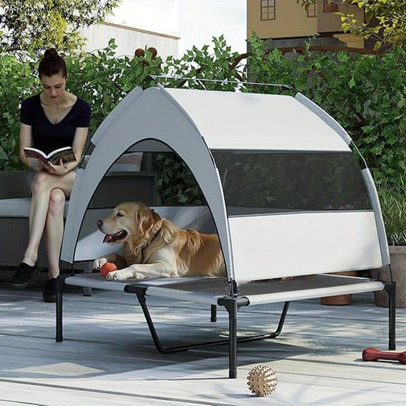 Portable Elevated Pet Cot with Removable Sun Canopy, Cooling Raised Outdoor Dog Bed with Non-Slip Feet, Ideal for Large Breeds, Camping, and Backyard Use