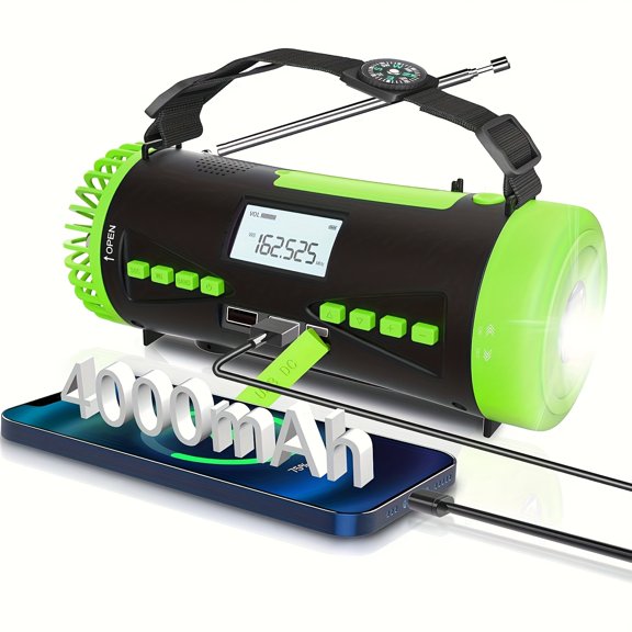 Portable Emergency Hand Crank Radio, AM/FM NOAA Weather Radio, 4000mAh Power Bank, Camping Fan, LED Lamp, LCD Screen, SOS Alarm, Flashlight, Survival Gear for Camping & Home