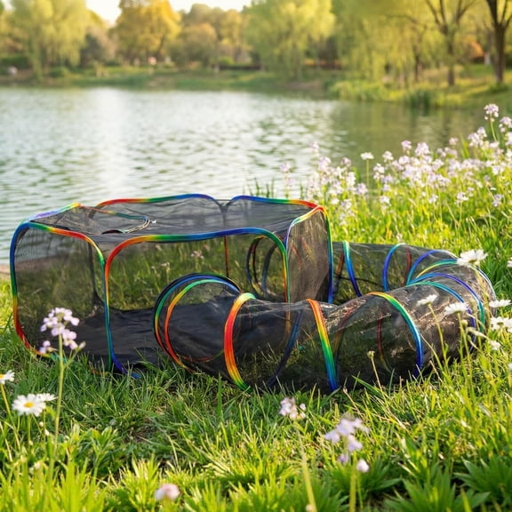 Portable Enclosure - 2-in-1 Outdoor Catio with Tent & Tunnel, Foldable Playpen for Indoor Cats, Includes Storage Bag for Cats & Small Rainbow Color