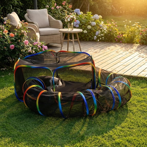 Portable Enclosure - 2-in-1 Outdoor Catio with Tent & Tunnel, Foldable Playpen for Indoor Cats, Includes Storage Bag for Cats & Small Rainbow Color