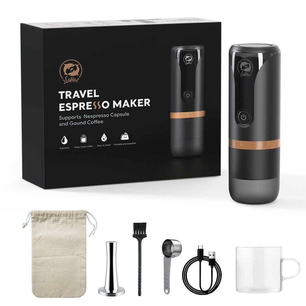 Portable Espresso Machine 9 Bar Pressure Rechargeable 2 in 1 Small Travel Coffee Maker Compatible with Nespresso Capsules Ground Coffee Perfect for Travel Camping Hiking Office Kitchen