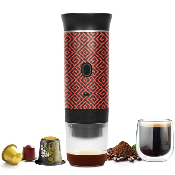 Portable Espresso Machine, Car Coffee Maker Self-Heating with Type-C, Compatible with Ground Coffee & NS Capsule for Travel, RV, Hiking, Camping, Office (African Totem Style Black & Red)