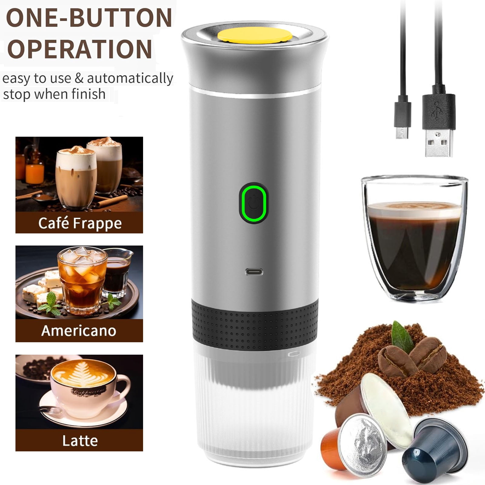 Portable Espresso Machine for Travel, Mini Electric Coffee Maker Compatible with NS/DG Capsules/Ground Coffee, Brew and Heating, Cordless Coffee Machine for Camping, Car, Office, Gifts