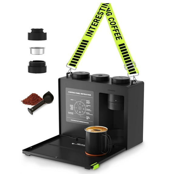 Portable Espresso Machine with Strap, 3 in 1 Coffee Maker, One-Touch Operation, Rechargeable Cold Brew Up to 60 Cups, for Ground, Ideal for Camping, RV & Outdoor, Home, Heating in Plug-in Mode