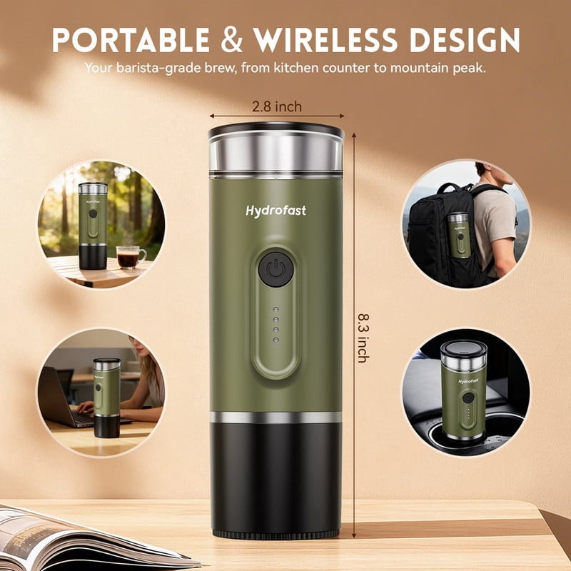 Portable Espresso Machine for Travel, Pod coffee maker, 2-in-1 Capsule & Ground Coffee, 20-Bar Pressure, 9600mAh, Wireless Heating, Mini Espresso Maker for Camping/Travel, Green, PO-100