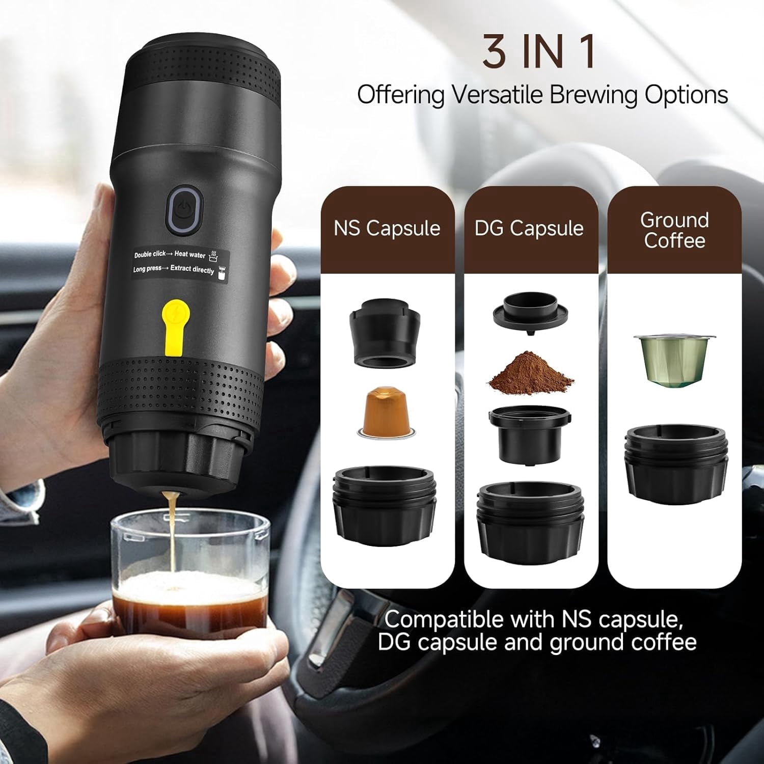 Portable Espresso Maker, 20-Bar Pressure Coffee Machine with Fast Heating, Works with Ground Coffee & Pods for Home, Office, Camping & Travel