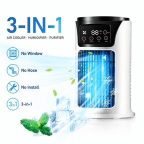 Portable Evaporative Air Cooler, 3-in-1 Mist Fan & Humidifier, No Window Setup, LED Timer