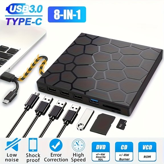 [Portable External DVD Drive] USB 3.0 Portable External DVD Drive, CD/DVD+/-RW Disk Drive | External DVD Player, CD/DVD ROM Burner Reader Compatible with Laptops, Desktops, Windows, Linux, Mac, iOS