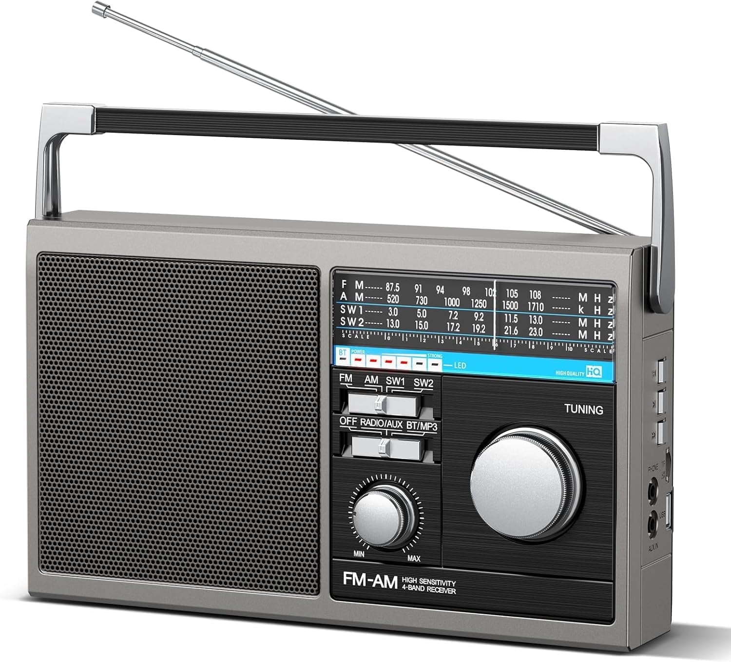 Portable AM FM Radio, Shortwave Transistor Radio with Best Reception, Battery Operated or AC Power Retro with Big Bluetooth Speaker, Earphone Jack USB TF Card AUX Input, for Senior(Gray)