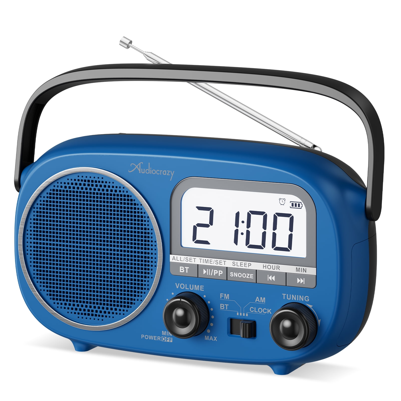 Portable AM FM Rechargeable Radio with Best Reception, Digital Time/Station Display,AC Power or Battery Power Radio with Bluetooth Speaker for Home/Kitchen/Outdoor Blue