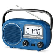 Portable AM FM Rechargeable Radio with Best Reception, Digital Time/Station Display,AC Power or Battery Power Radio with Bluetooth Speaker for Home/Kitchen/Outdoor Blue