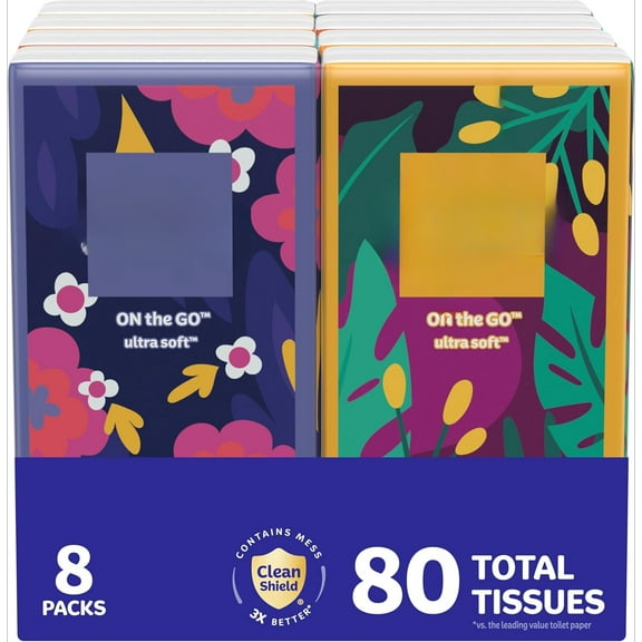Portable Facial Tissue, 8 Pack, 10 Sheets Per Box, 3-Ply (80 Total Sheets), Packaging May Vary