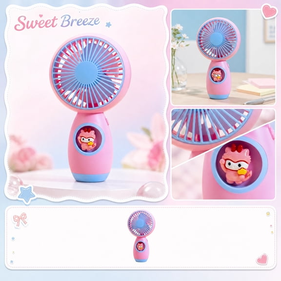 Portable Fan, Portable Travel Fan, Mini Rechargeable Fan, Fan Rechargeable, Kawaii Cute Cartoon Figurine Inlay Detail, 6X3.5 in Pocket Size, 1-Speed Adjustment, 60 Minutes of